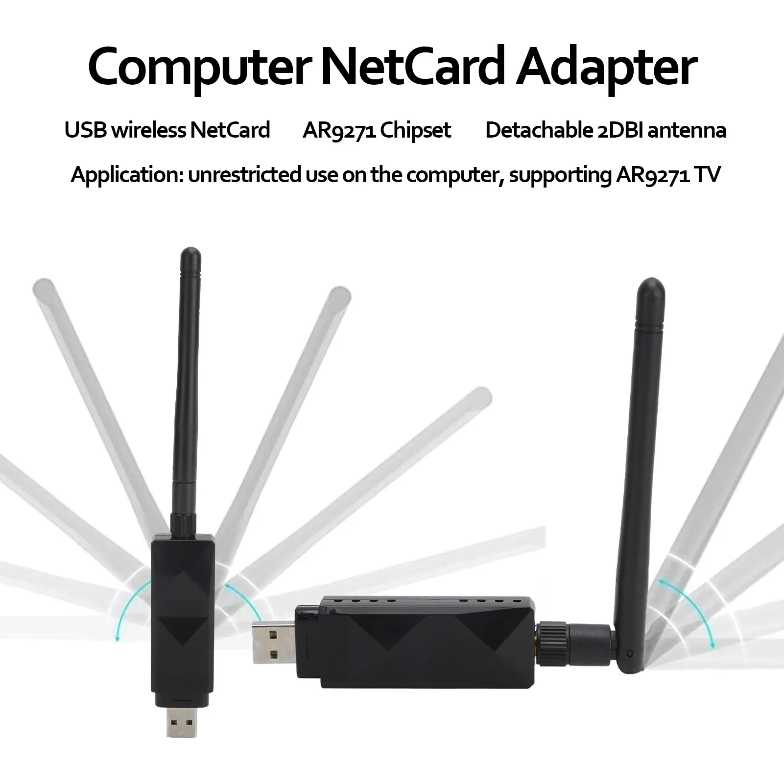 Adaptateur WiFi USB AR9271 avec antenne détachable 2 dBi, pour PC portable et TV, Plug and Play