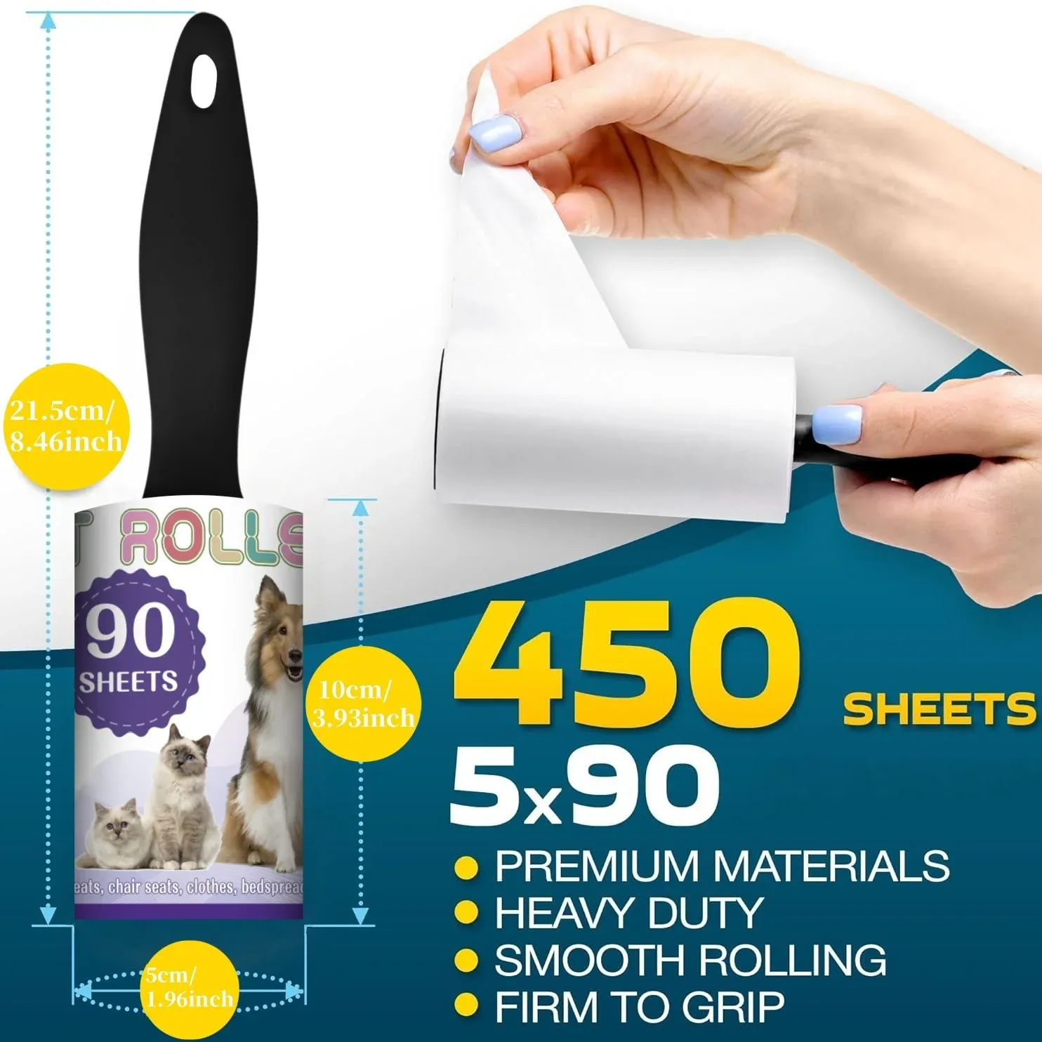 Rouleau adhésif pour poils d'animaux, épilateur pour canapé, lit, vêtements et tapis, idéal pour chiens et chats 6