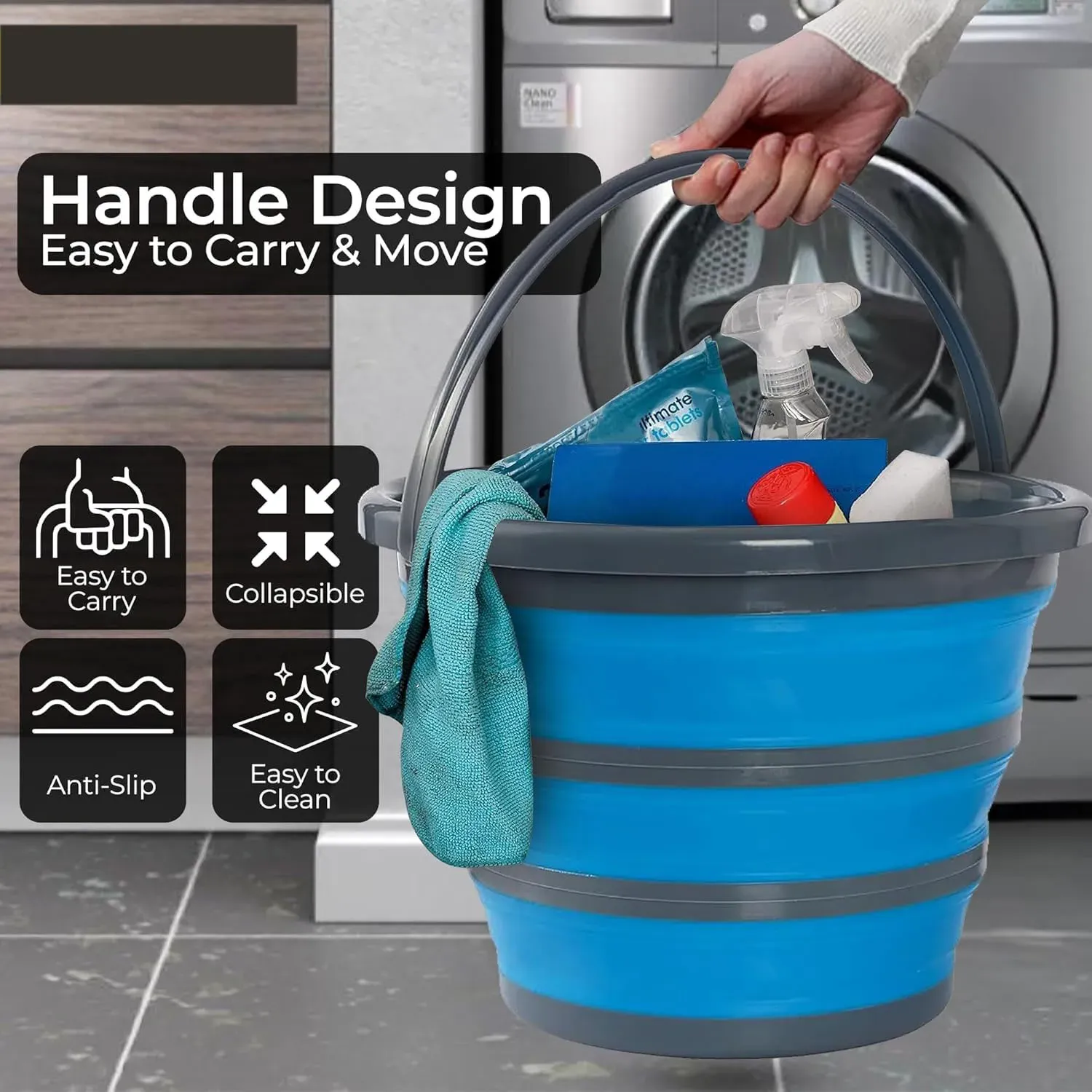 Seau pliable en silicone 10 L, rond, bleu, pour le nettoyage, les voyages et la pêche 3