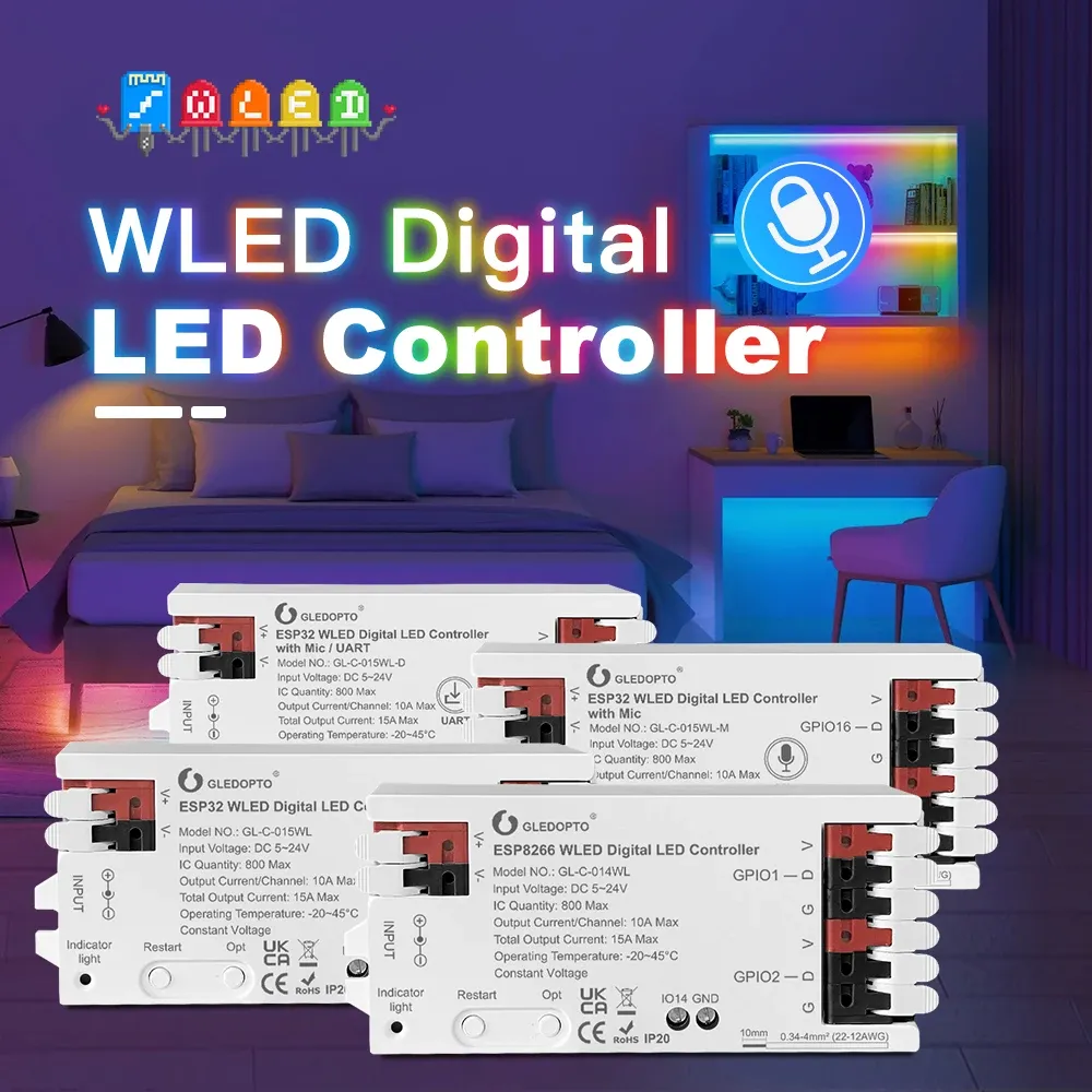 GLEDOPTO Contrôleur WLED pour bande LED, ESP8266 ESP32, micro RGB IC, lumières numériques adressables, guirlande lumineuse, compatible WS2811 WS2812 WS2815 SK6812