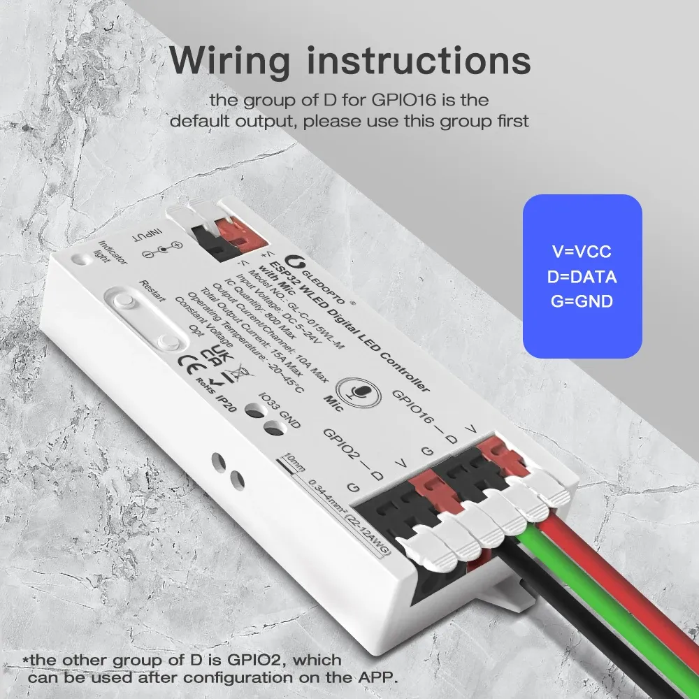 GLEDOPTO Contrôleur WLED pour bande LED, ESP8266 ESP32, micro RGB IC, lumières numériques adressables, guirlande lumineuse, compatible WS2811 WS2812 WS2815 SK6812 6