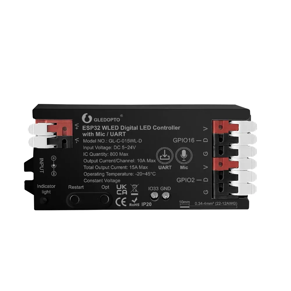GLEDOPTO Contrôleur WLED pour bande LED, ESP8266 ESP32, micro RGB IC, lumières numériques adressables, guirlande lumineuse, compatible WS2811 WS2812 WS2815 SK6812 14