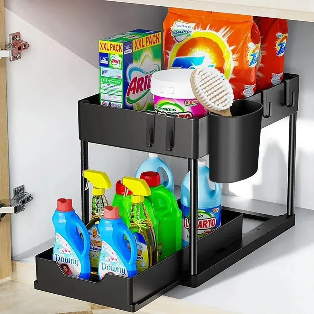 Organisateur coulissant à 2 niveaux pour sous-évier, cuisine et salle de bain, avec accessoires de suspension pour tasses et crochets 8