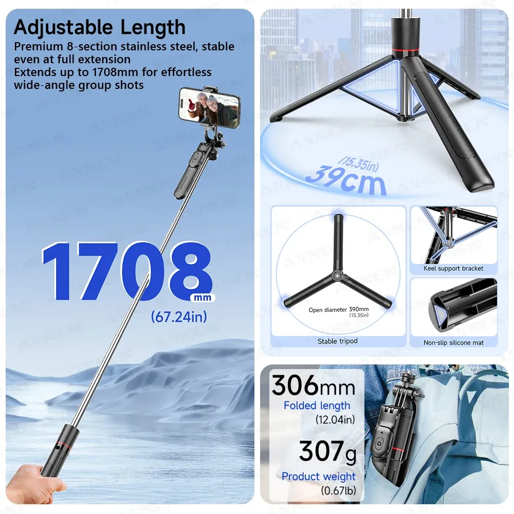 Trépied perche à selfie F16 à 8 sections (1708 mm) avec télécommande Bluetooth, rotation à 360 °, filetage 1/4 pour smartphone et caméra 4