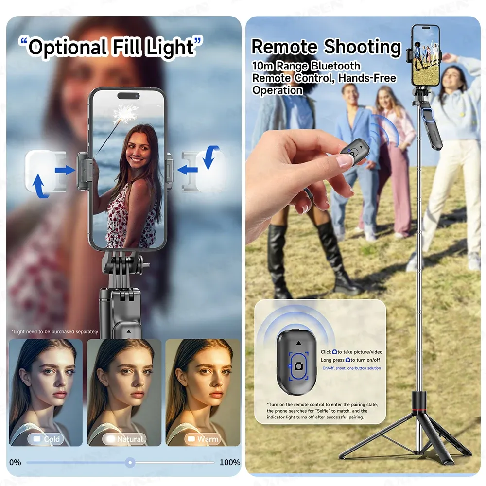 Trépied perche à selfie F16 à 8 sections (1708 mm) avec télécommande Bluetooth, rotation à 360 °, filetage 1/4 pour smartphone et caméra 5