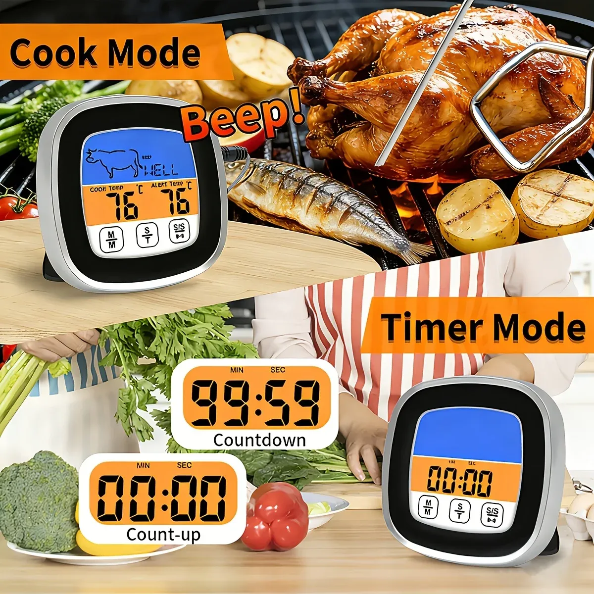Thermomètre numérique pour viande à sonde longue, écran tactile LCD, minuteur de cuisine et lecture instantanée pour four et barbecue 2