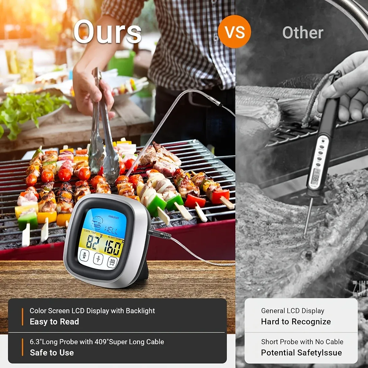 Thermomètre numérique pour viande à sonde longue, écran tactile LCD, minuteur de cuisine et lecture instantanée pour four et barbecue 3