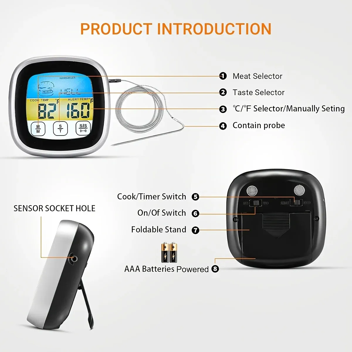 Thermomètre numérique pour viande à sonde longue, écran tactile LCD, minuteur de cuisine et lecture instantanée pour four et barbecue 4