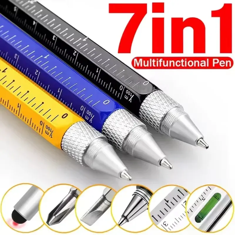 Stylet capacitif multifonction 7 en 1 pour écran tactile avec tournevis, règle, jauge de niveau et stylo à bille rechargeable