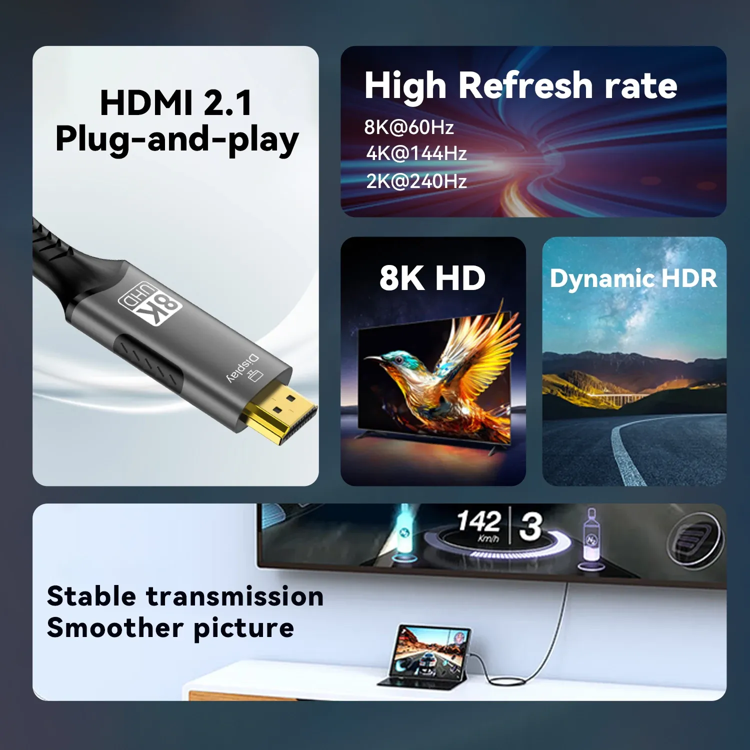 Adaptateur USB-C vers HDMI 2.1, 8K@60Hz, compatible Thunderbolt 3 pour MacBook Pro, iPad Pro et ordinateur portable 6