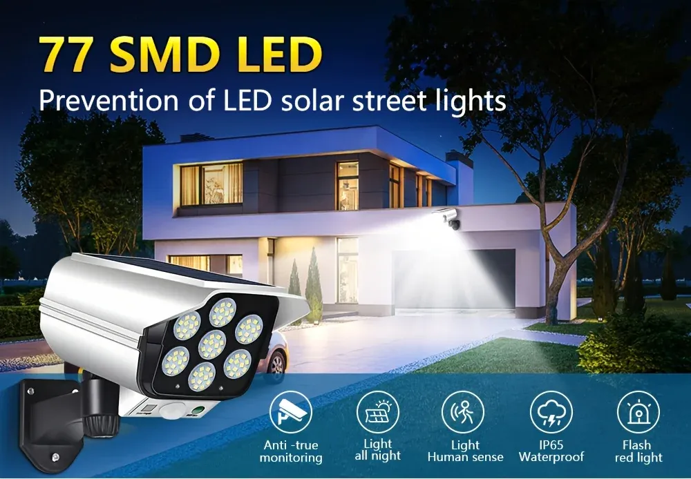 Lampe murale solaire à induction avec caméra factice, vue d'ensemble