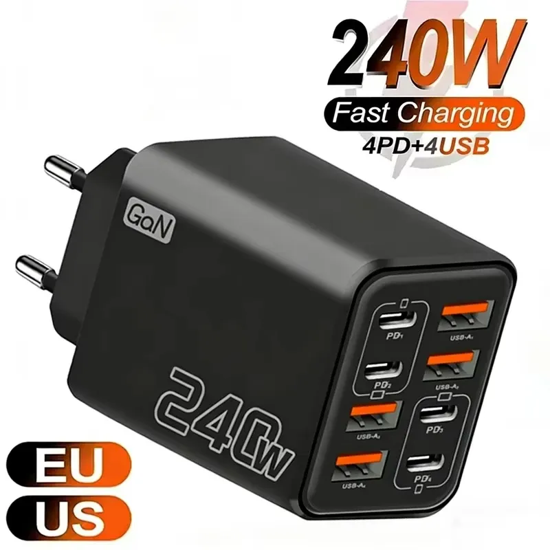Chargeur USB-C GaN 240 W 8 en 1 à charge rapide, adaptateur secteur pour iPhone, Samsung et Xiaomi, prises EU/US
