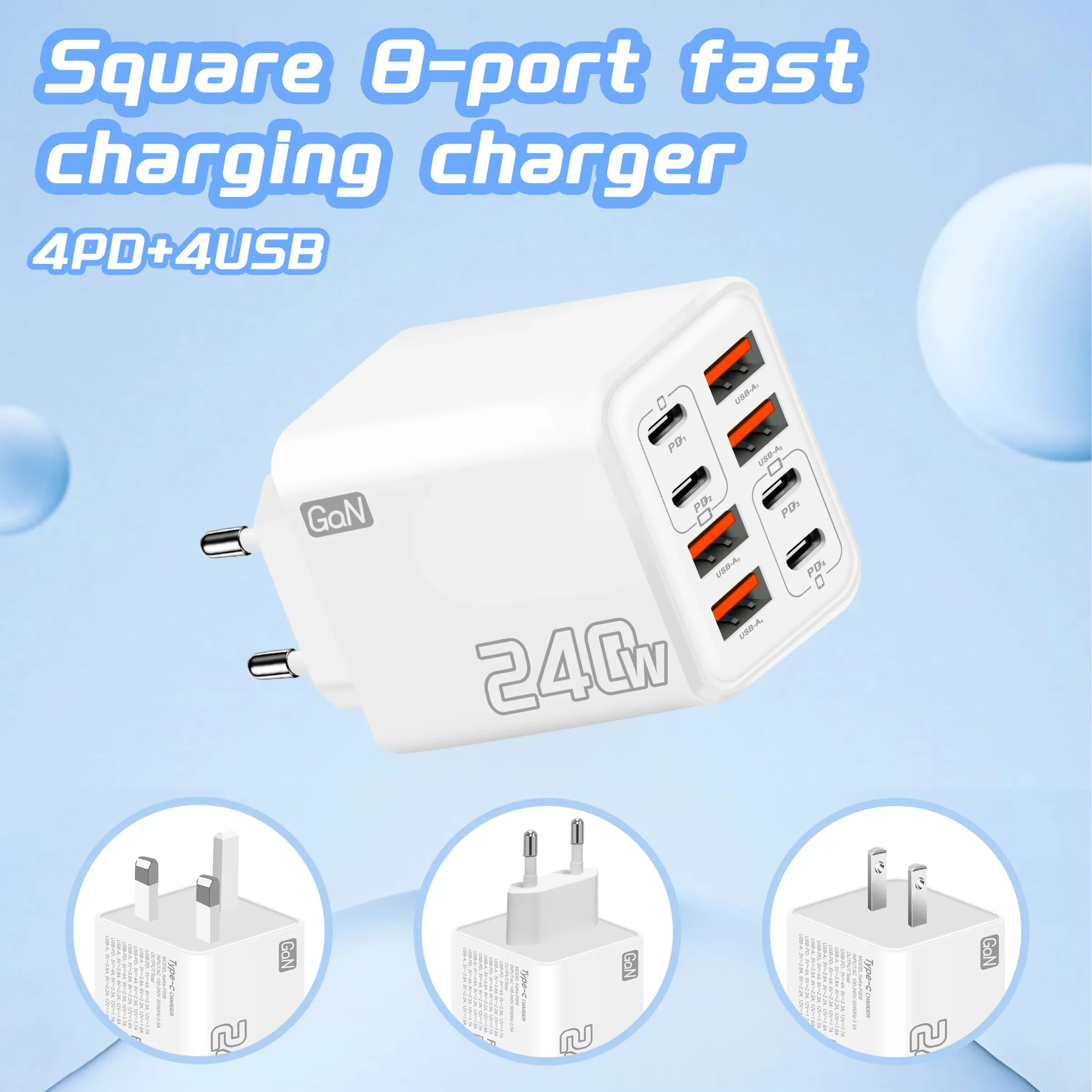 Chargeur USB-C GaN 240 W 8 en 1 à charge rapide, adaptateur secteur pour iPhone, Samsung et Xiaomi, prises EU/US 2