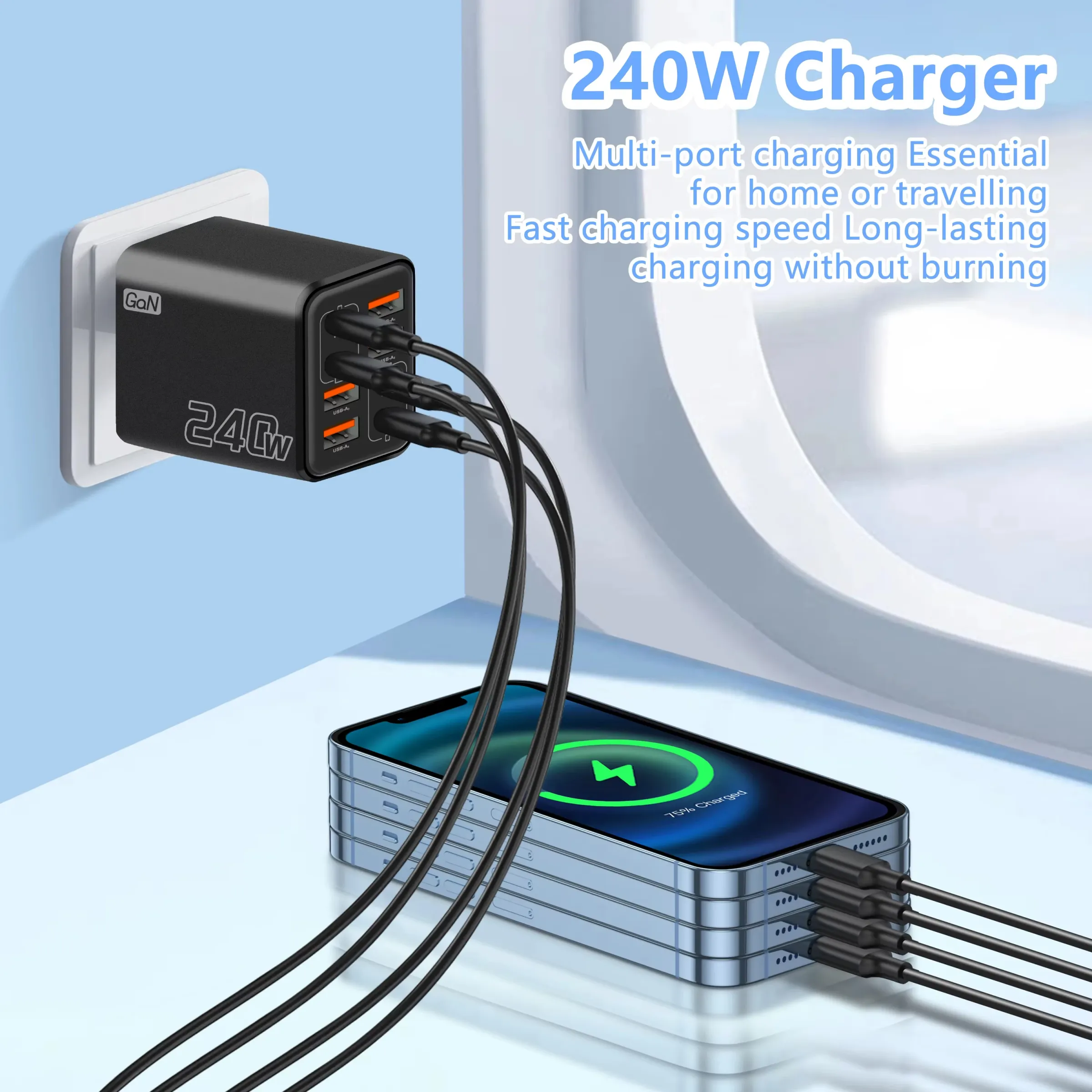 Chargeur USB-C GaN 240 W 8 en 1 à charge rapide, adaptateur secteur pour iPhone, Samsung et Xiaomi, prises EU/US 4