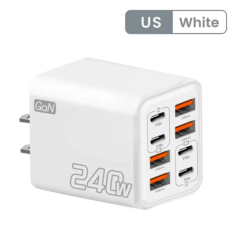Chargeur USB-C GaN 240 W 8 en 1 à charge rapide, adaptateur secteur pour iPhone, Samsung et Xiaomi, prises EU/US 9