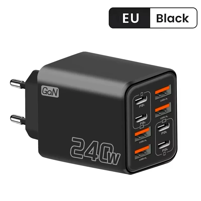 Chargeur USB-C GaN 240 W 8 en 1 à charge rapide, adaptateur secteur pour iPhone, Samsung et Xiaomi, prises EU/US 8