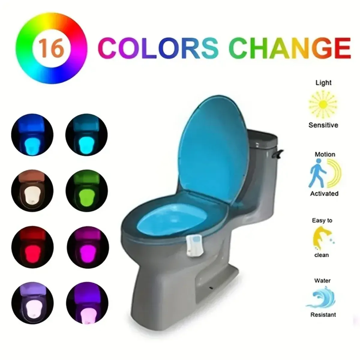 Veilleuse LED pour toilettes avec détecteur de mouvement PIR, éclairage de cuvette à piles, 7 couleurs changeantes - Image 1