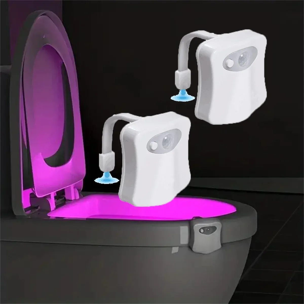 Veilleuse LED pour toilettes avec détecteur de mouvement PIR, éclairage de cuvette à piles, 7 couleurs changeantes 6