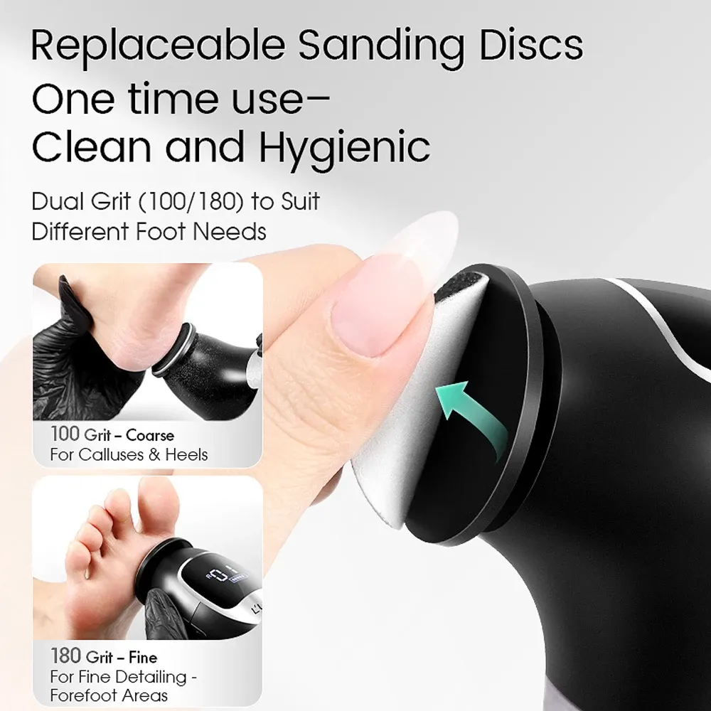 Râpe électrique pour callosités des pieds à vitesse variable, couple élevé de 8 N·cm, tête coudée et papier abrasif remplaçable 5