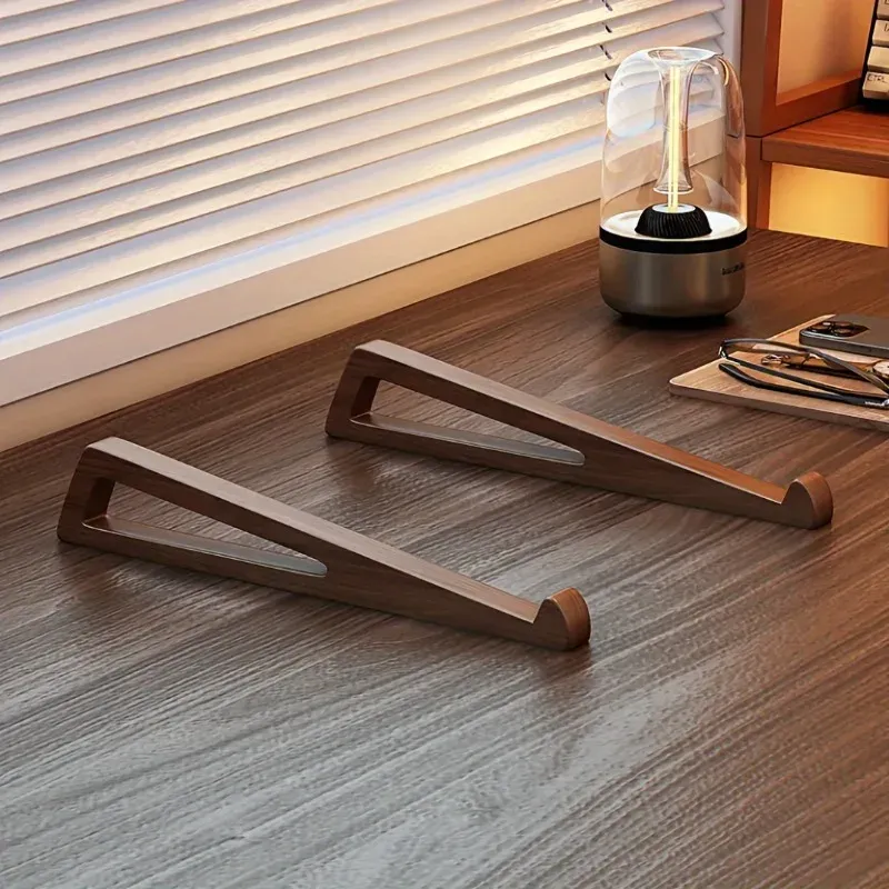 Support pour ordinateur portable pliable en bois ergonomique, angle réglable à 12°, conception triangulaire avec ventilation de refroidissement, accessoire de bureau 2