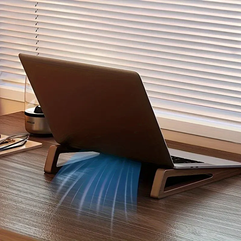 Support pour ordinateur portable pliable en bois ergonomique, angle réglable à 12°, conception triangulaire avec ventilation de refroidissement, accessoire de bureau 6