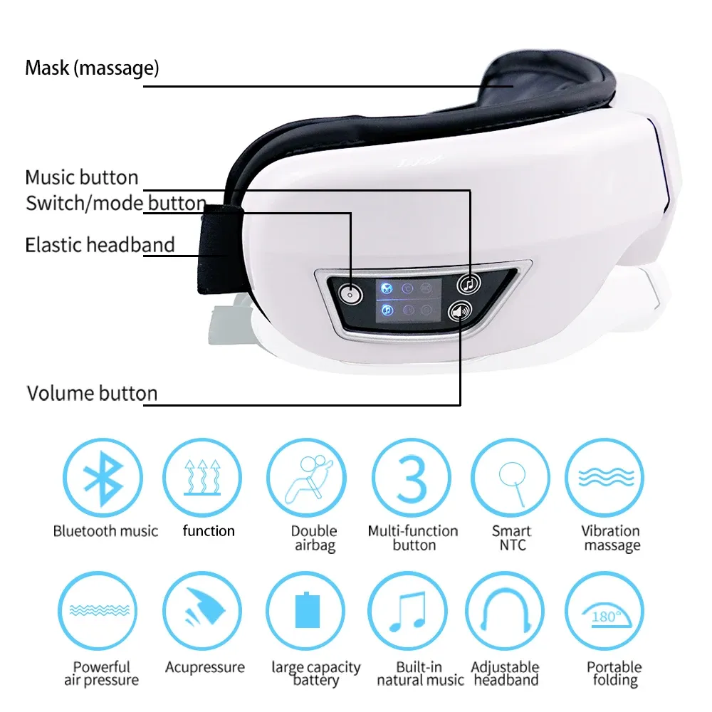 Masseur oculaire intelligent à vibrations 6D, compresse à air, instrument de soins des yeux, Bluetooth, musique, masque de sommeil, relaxation oculaire, anti-fatigue 6