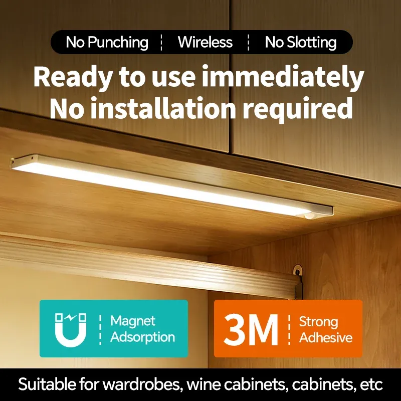 Barre lumineuse LED rechargeable USB-C avec détecteur de mouvement pour cuisine, armoire, salle de bain, coiffeuse et placard 2