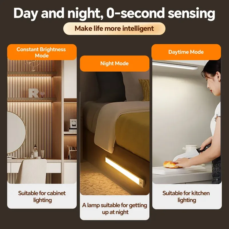 Barre lumineuse LED rechargeable USB-C avec détecteur de mouvement pour cuisine, armoire, salle de bain, coiffeuse et placard 5
