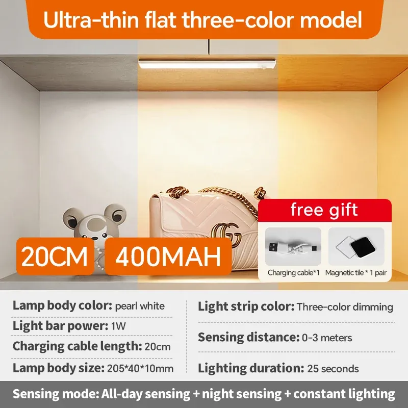 Barre lumineuse LED rechargeable USB-C avec détecteur de mouvement pour cuisine, armoire, salle de bain, coiffeuse et placard 7