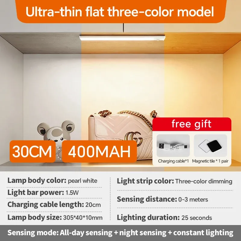 Barre lumineuse LED rechargeable USB-C avec détecteur de mouvement pour cuisine, armoire, salle de bain, coiffeuse et placard 9