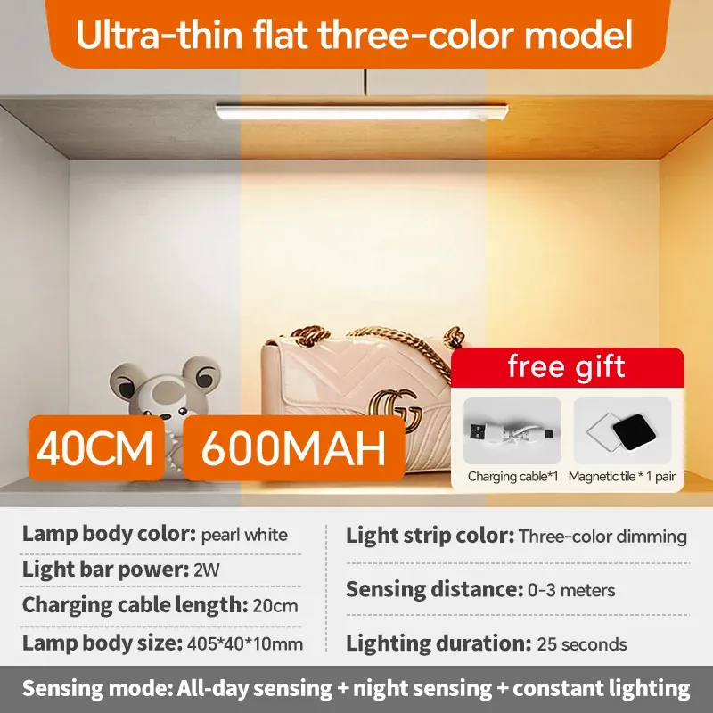Barre lumineuse LED rechargeable USB-C avec détecteur de mouvement pour cuisine, armoire, salle de bain, coiffeuse et placard 8