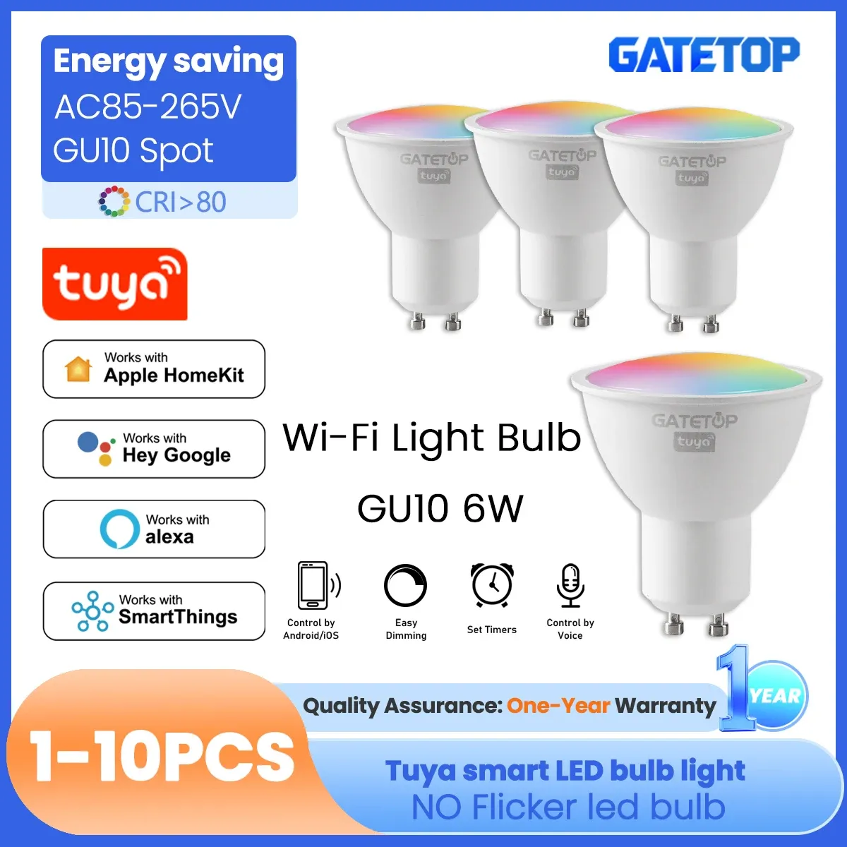 Projecteur LED Tuya WiFi GU10 intelligent, ampoule à intensité variable 1-100 %, contrôle via application Smart Life, compatible Alexa et Google, lot de 1 à 10 pièces