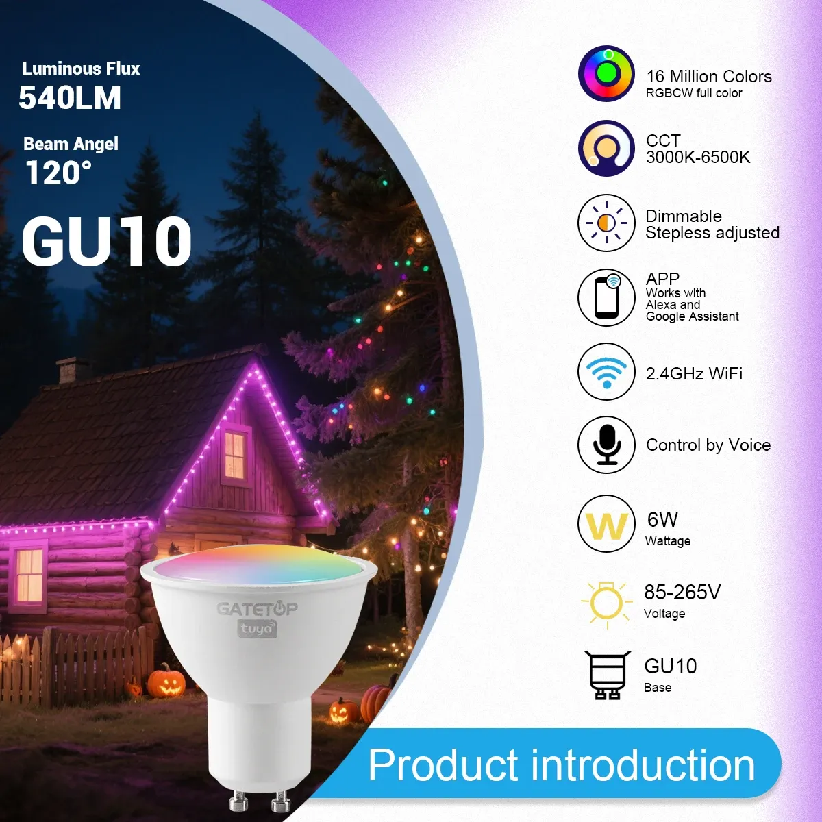 Projecteur LED Tuya WiFi GU10 intelligent, ampoule à intensité variable 1-100 %, contrôle via application Smart Life, compatible Alexa et Google, lot de 1 à 10 pièces 2