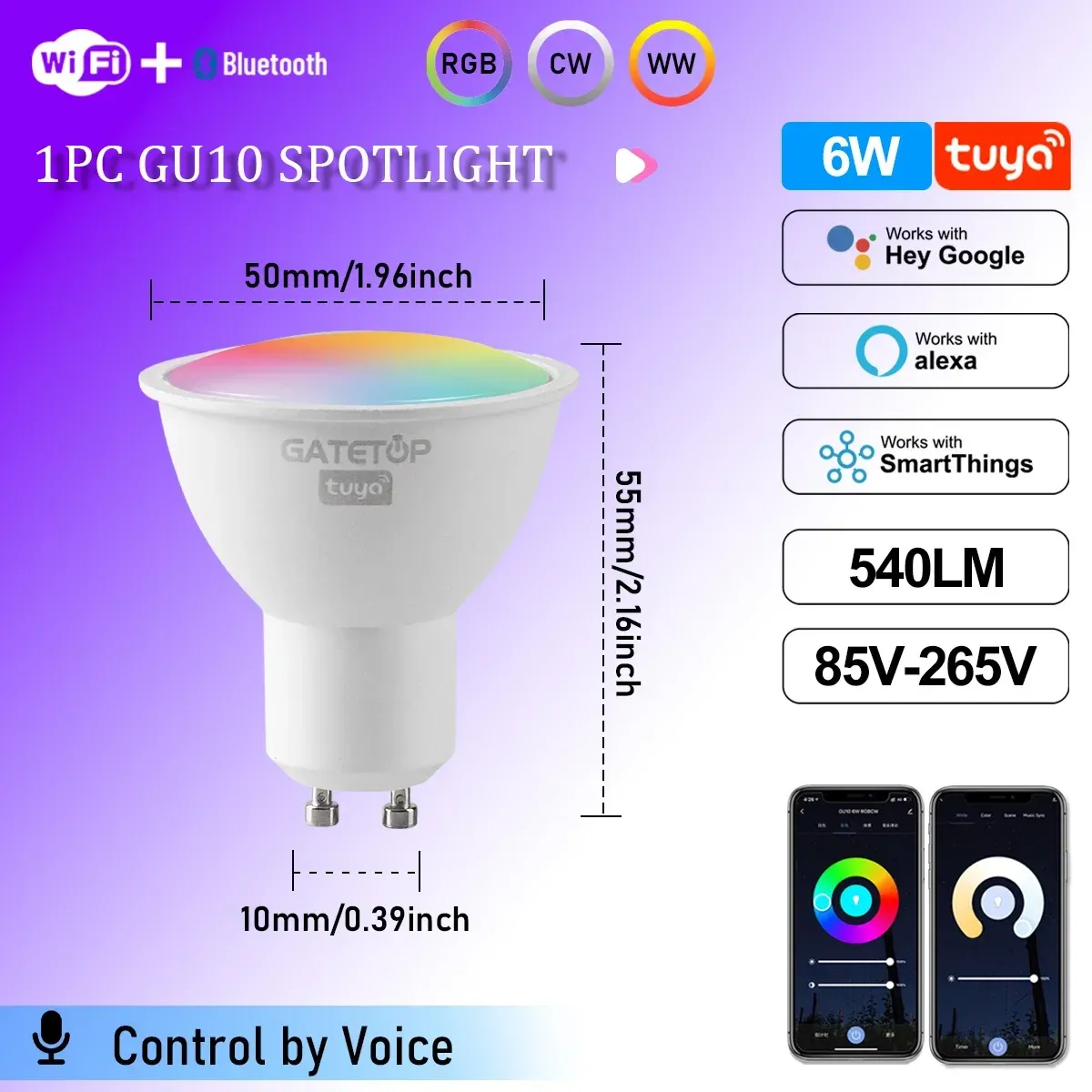 Projecteur LED Tuya WiFi GU10 intelligent, ampoule à intensité variable 1-100 %, contrôle via application Smart Life, compatible Alexa et Google, lot de 1 à 10 pièces 14