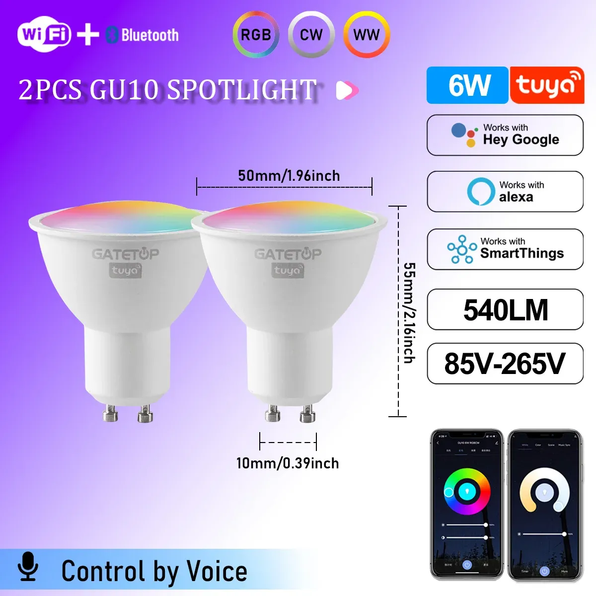 Projecteur LED Tuya WiFi GU10 intelligent, ampoule à intensité variable 1-100 %, contrôle via application Smart Life, compatible Alexa et Google, lot de 1 à 10 pièces 13