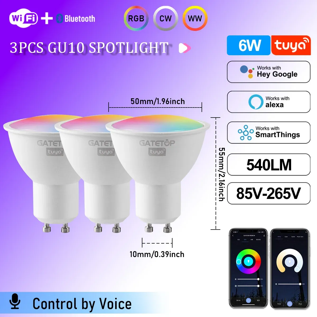 Projecteur LED Tuya WiFi GU10 intelligent, ampoule à intensité variable 1-100 %, contrôle via application Smart Life, compatible Alexa et Google, lot de 1 à 10 pièces 12