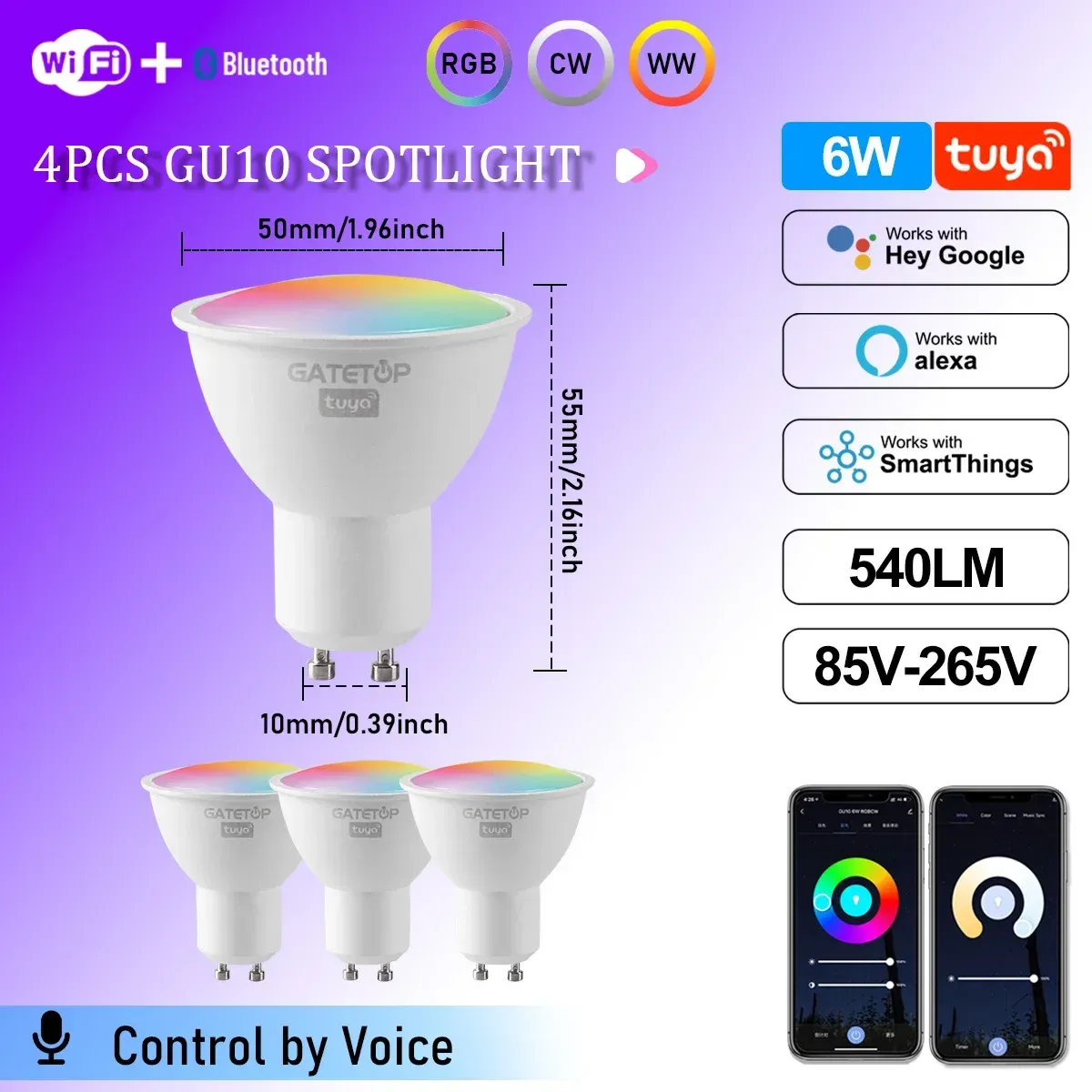 Projecteur LED Tuya WiFi GU10 intelligent, ampoule à intensité variable 1-100 %, contrôle via application Smart Life, compatible Alexa et Google, lot de 1 à 10 pièces 11