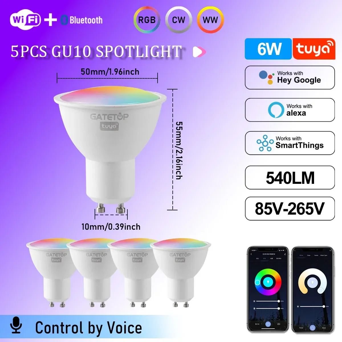 Projecteur LED Tuya WiFi GU10 intelligent, ampoule à intensité variable 1-100 %, contrôle via application Smart Life, compatible Alexa et Google, lot de 1 à 10 pièces 10