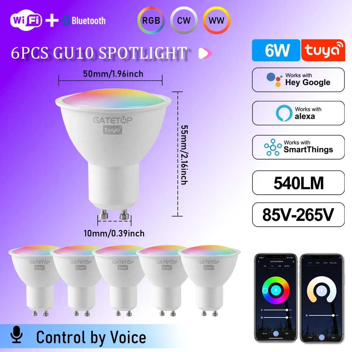 Projecteur LED Tuya WiFi GU10 intelligent, ampoule à intensité variable 1-100 %, contrôle via application Smart Life, compatible Alexa et Google, lot de 1 à 10 pièces 9