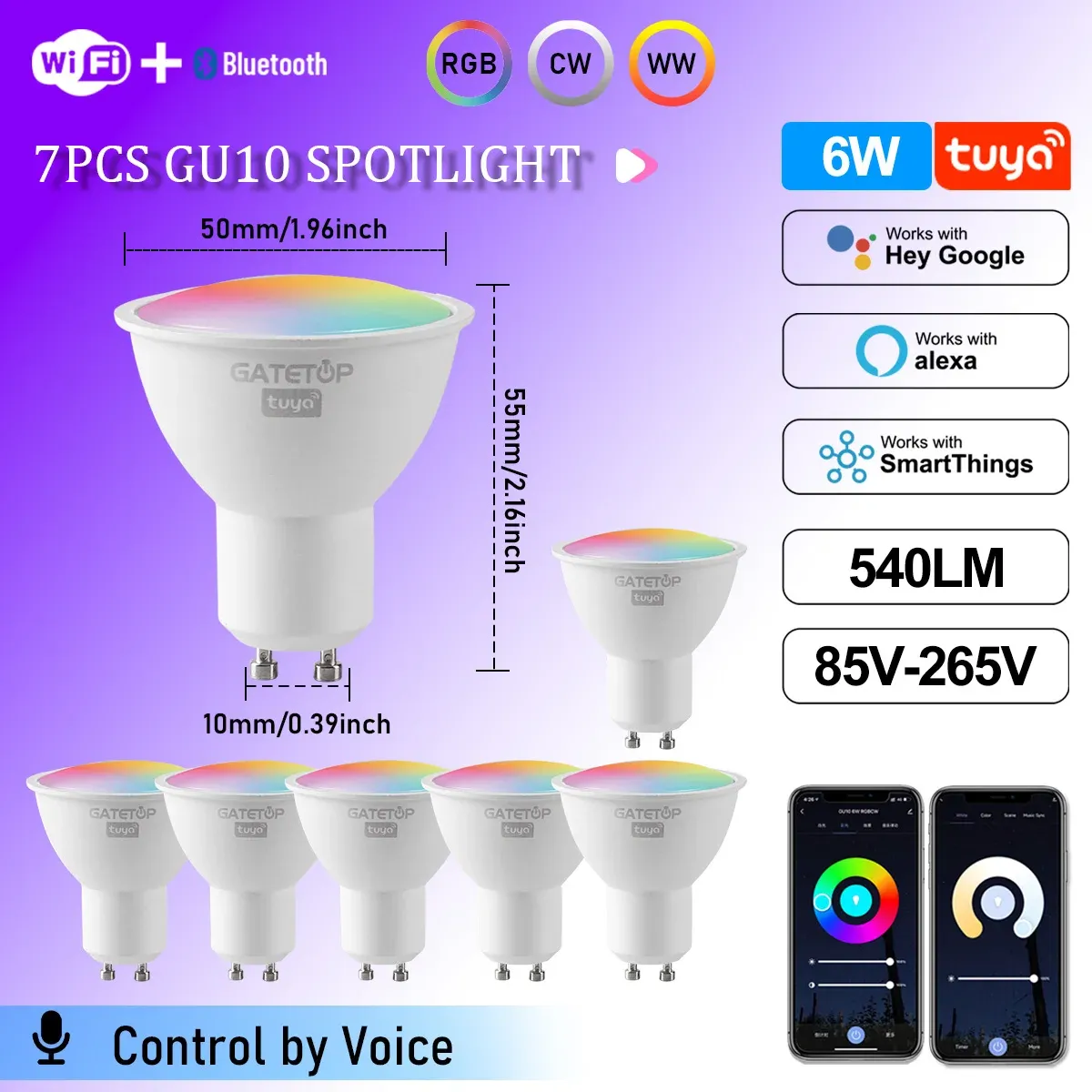 Projecteur LED Tuya WiFi GU10 intelligent, ampoule à intensité variable 1-100 %, contrôle via application Smart Life, compatible Alexa et Google, lot de 1 à 10 pièces 8