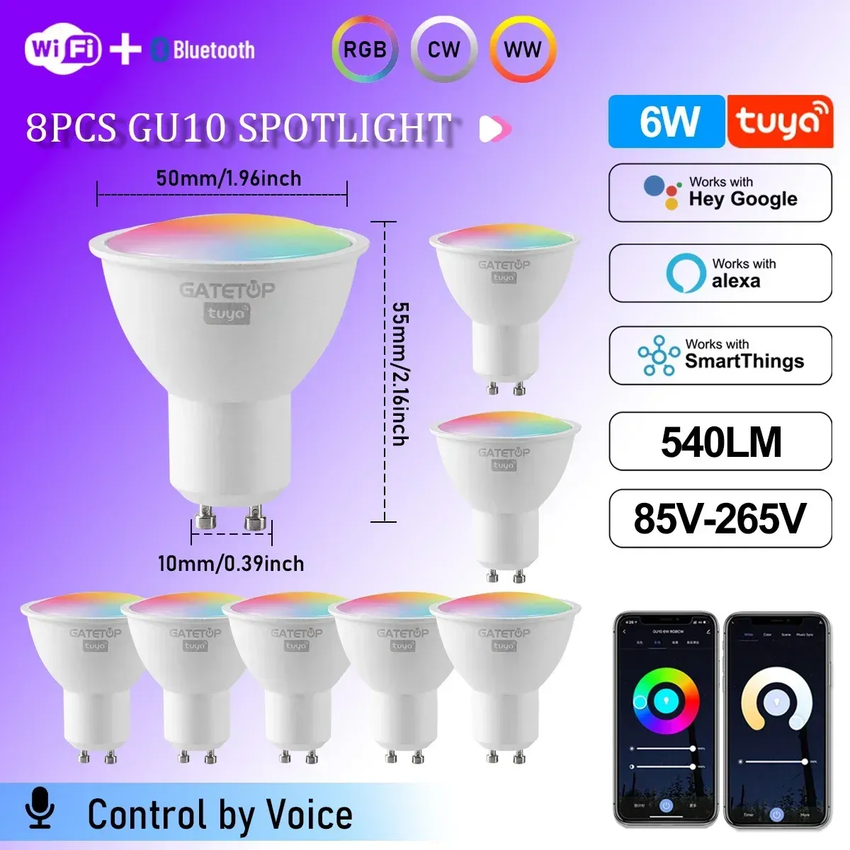 Projecteur LED Tuya WiFi GU10 intelligent, ampoule à intensité variable 1-100 %, contrôle via application Smart Life, compatible Alexa et Google, lot de 1 à 10 pièces 7