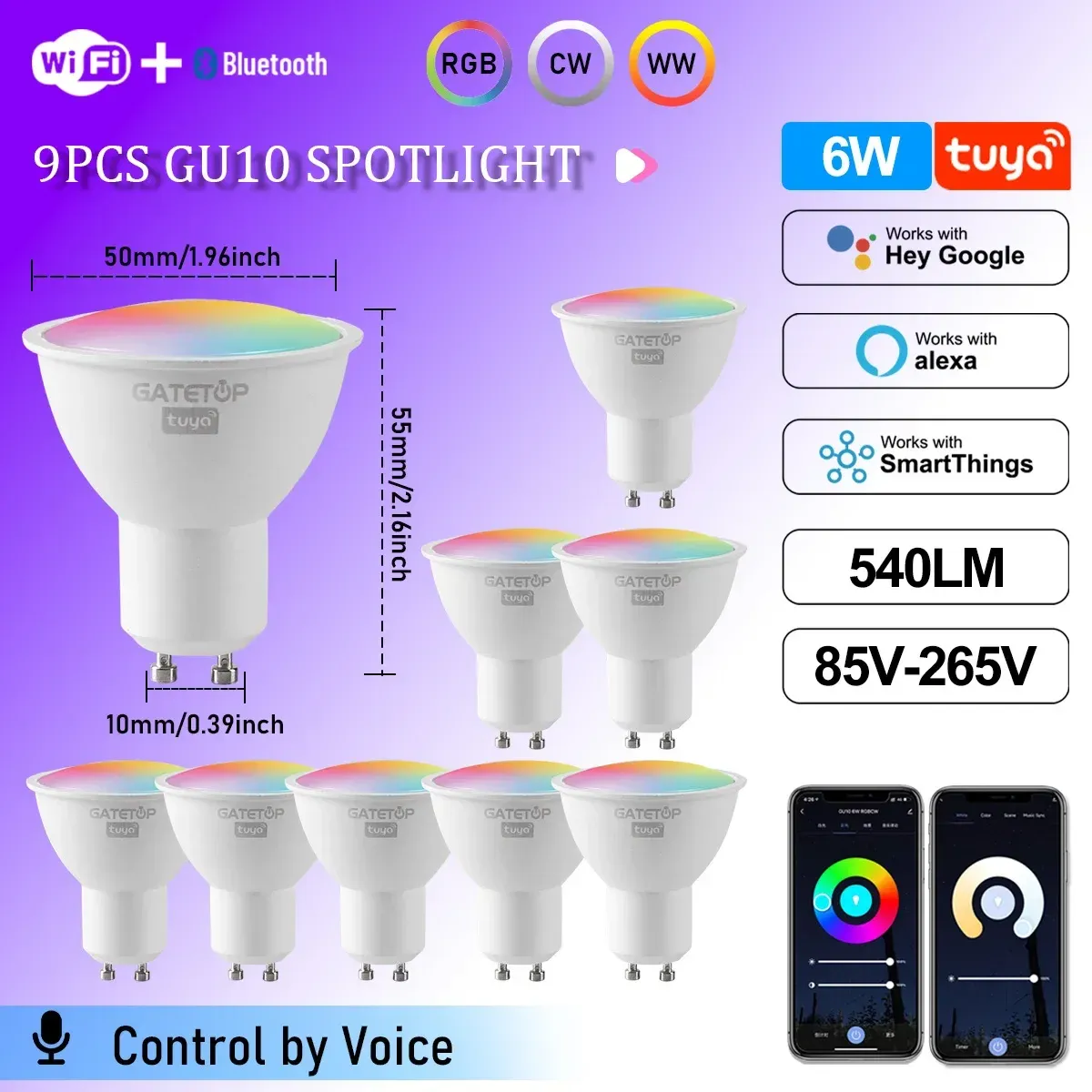 Projecteur LED Tuya WiFi GU10 intelligent, ampoule à intensité variable 1-100 %, contrôle via application Smart Life, compatible Alexa et Google, lot de 1 à 10 pièces 16