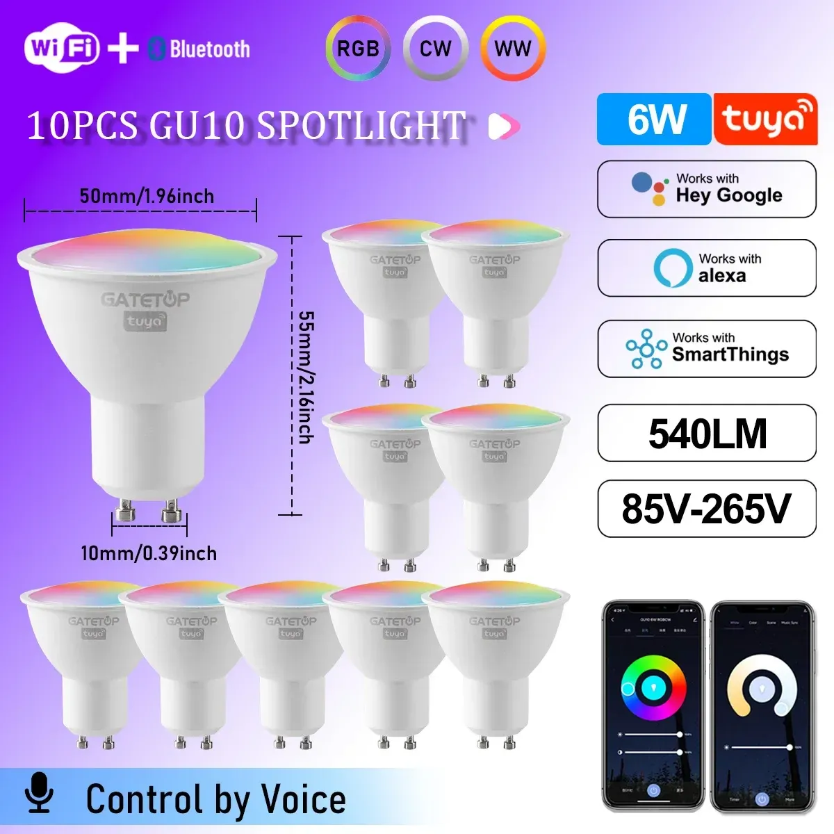 Projecteur LED Tuya WiFi GU10 intelligent, ampoule à intensité variable 1-100 %, contrôle via application Smart Life, compatible Alexa et Google, lot de 1 à 10 pièces 15