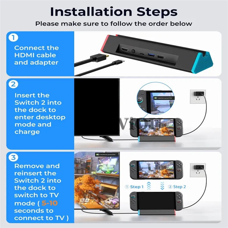 Station d'accueil TV portable pour Nintendo Switch 2 avec adaptateur HDMI 4K 120 Hz, port USB-C et charge 100 W 6
