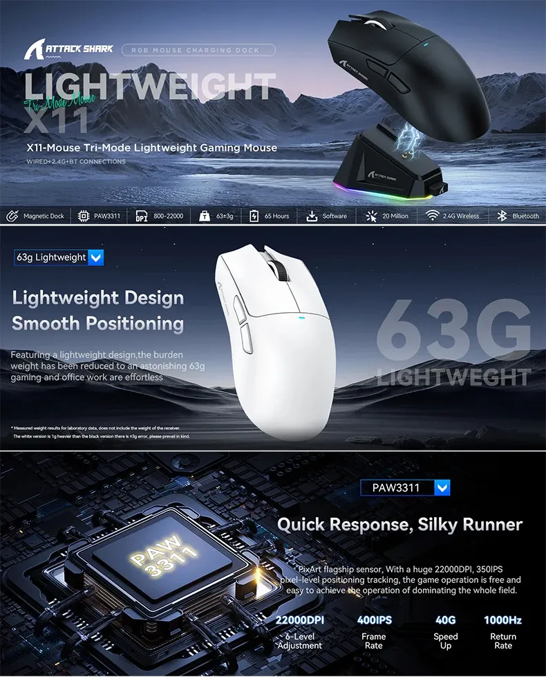 Souris de jeu Attack Shark X11 vue d'ensemble