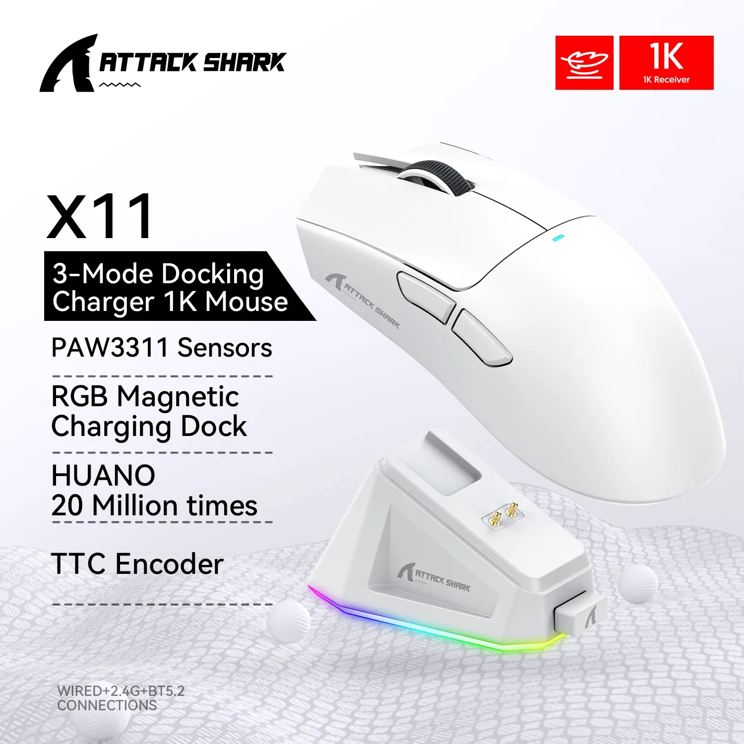 Souris de jeu sans fil Attack Shark X11, connexion tri-mode, capteur PixArt PAW3311, station de charge magnétique tactile 8