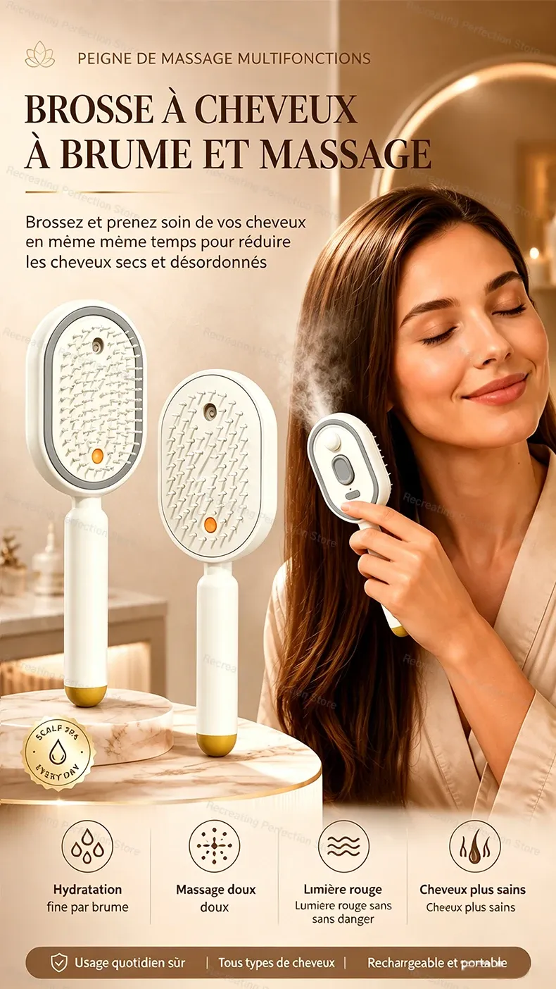Brosse à cheveux électrique anti-frisottis avec spray et thérapie par lumière rouge
