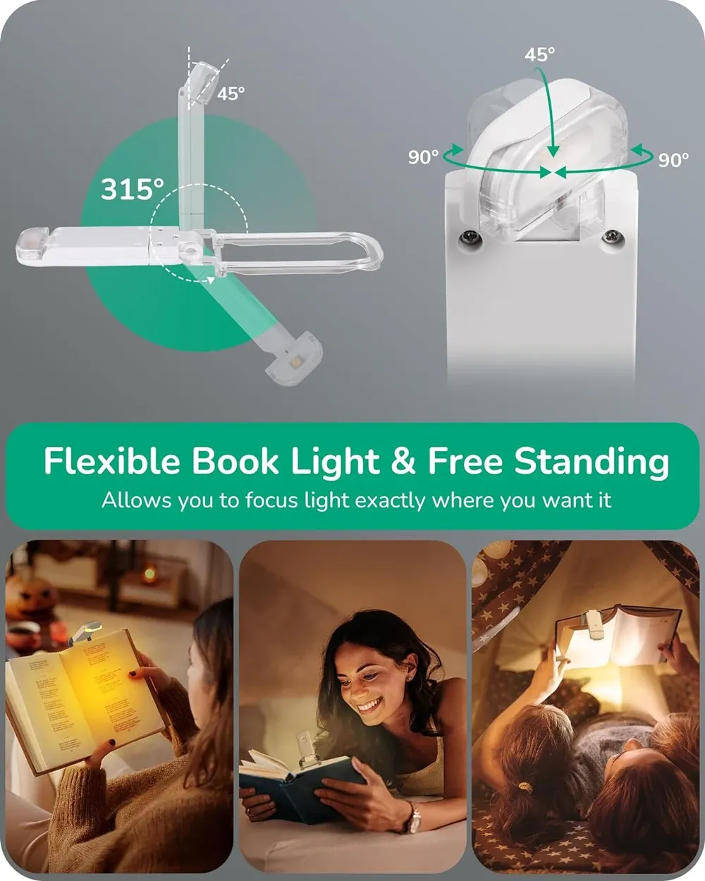 Lampe de lecture LED fixée sur un livre