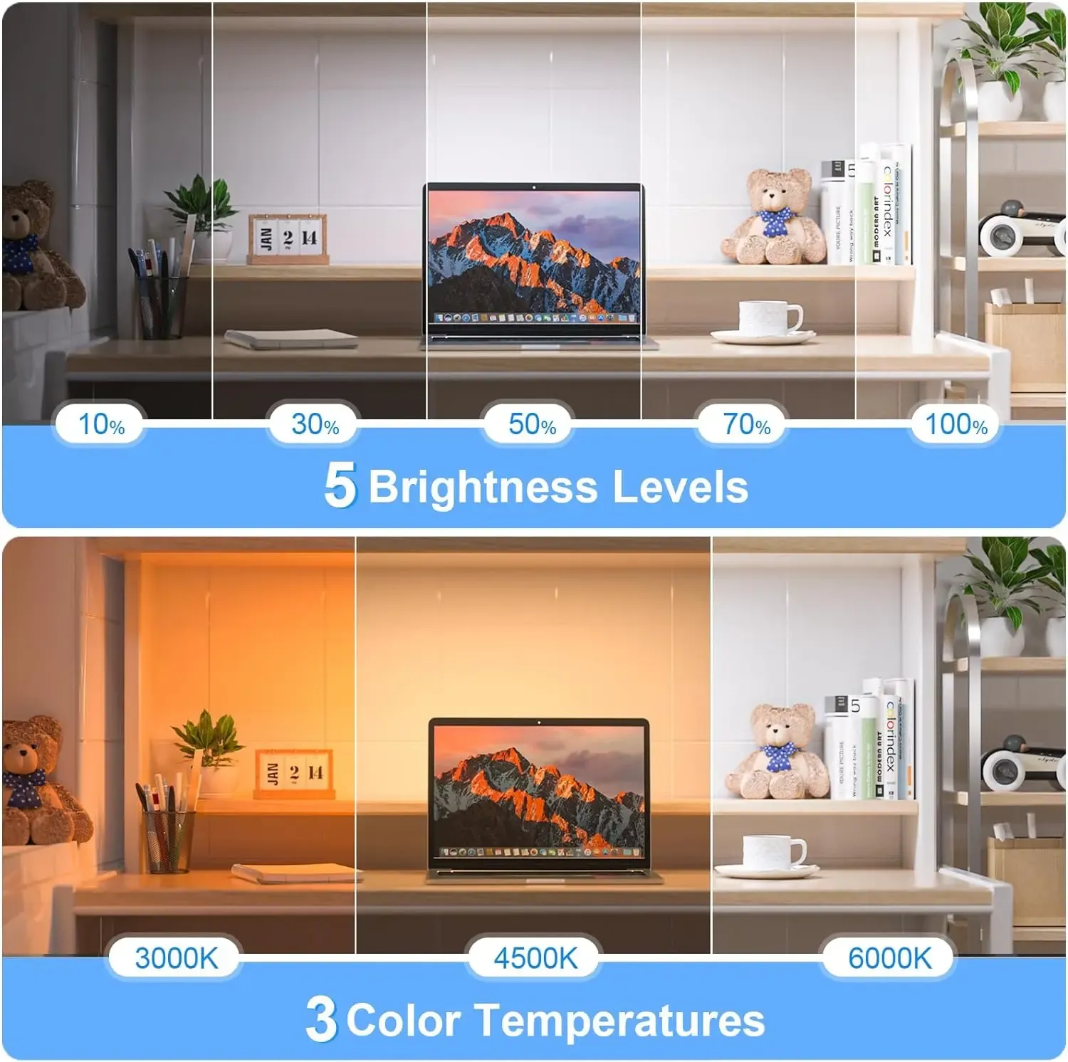 Veilleuse rechargeable à intensité variable 5 W, 3 couleurs, 2500 mAh, lampe de maquillage réglable pour placard, chevet et bureau, à installer sous armoire 2