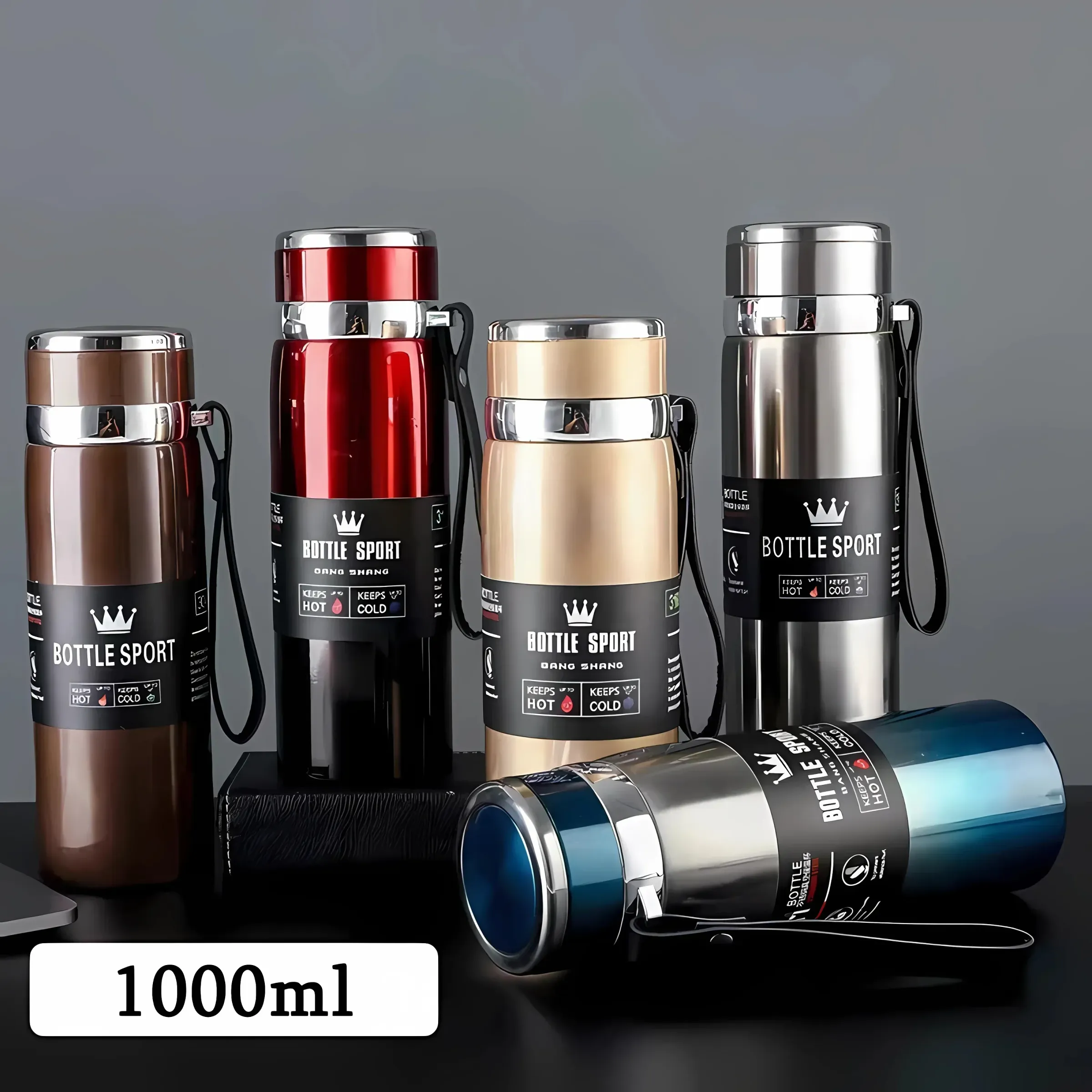 Bouteille thermique 1 L en acier inoxydable, isotherme sous vide, garde au frais ou au chaud pour l'eau, le thé et le café 2